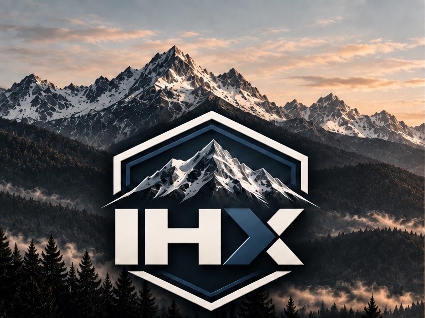IHX mountain emblem against a rugged mountain landscape at sunset